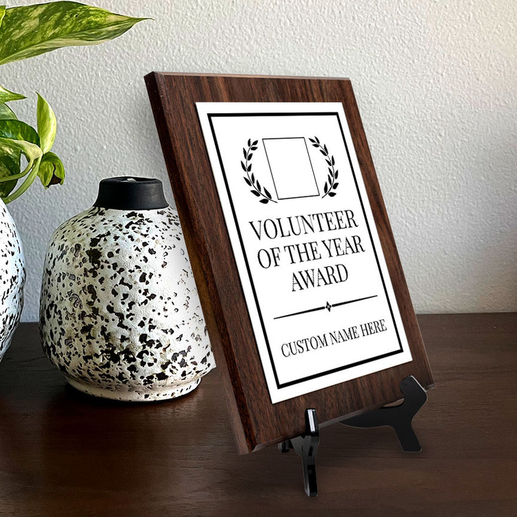 Volunteer of the Year Award Personalized (Wooden) Wall Plaque With Easel Acrylic Stand | Workplace Recognition Ceremonies Award Plaques