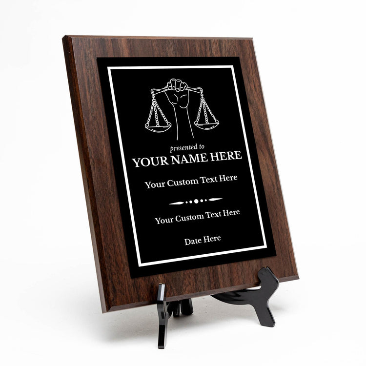 Legal and Justice Theme Custom Award Plaque | Easel Mount Option | Achievement and Service Personalizable Plaques