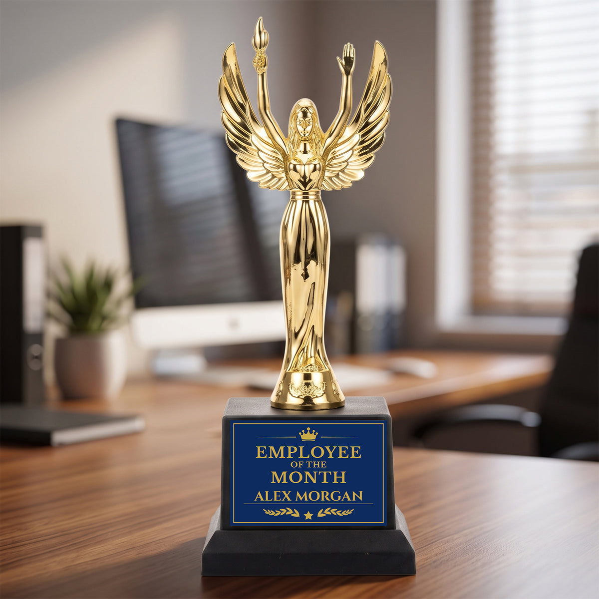 All Quality Employee of the Month Trophy, Winged Victory Figure, Custom Engraved — Personalized Monthly Workplace Recognition Award