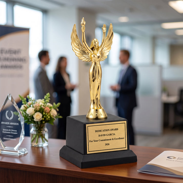 All Quality Victory Trophy, Custom Engraved Winged Figure, Black Base — Personalized Achievement & Recognition Award for Any Occasion