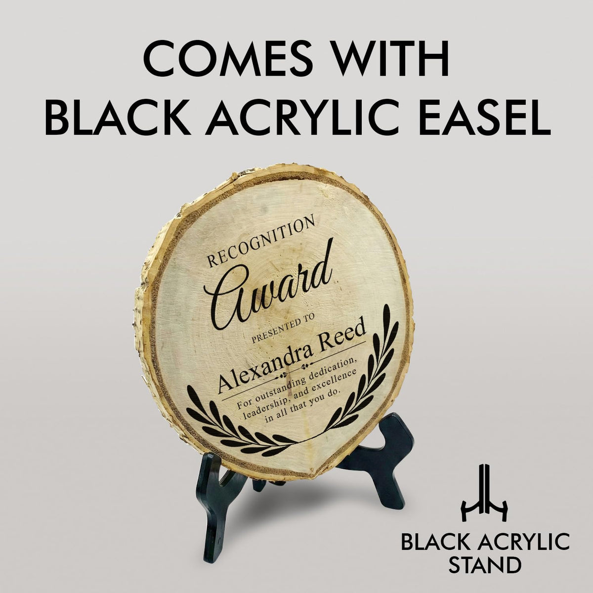 Customizable Rustic Round (Award Themed) Wood Signs – Natural Bark-Edge with a Sleek Black Acrylic Easel – For Counters, Doors & Walls