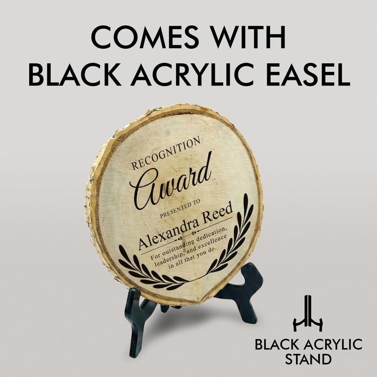 Customizable Rustic Round (Award Themed) Wood Signs – Natural Bark-Edge with a Sleek Black Acrylic Easel – For Counters, Doors & Walls