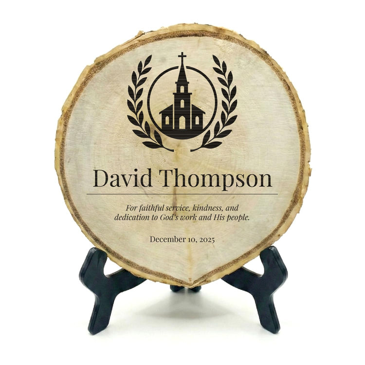 Customizable Rustic Round (Professional Award) Wood Signs – Natural Bark-Edge with a Sleek Black Acrylic Easel – For Counters, Doors & Walls