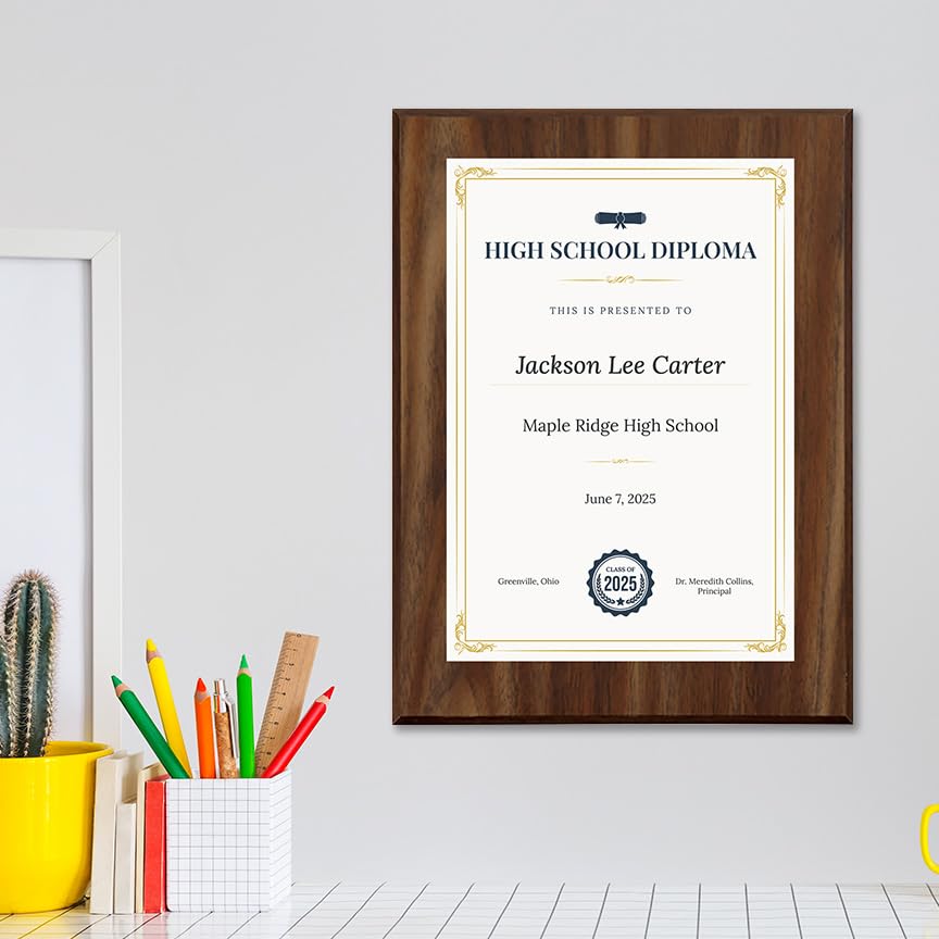 High School Diploma Replica (Wooden) Wall Plaque With Easel Acrylic Stand | Certificates & Achievements Personalized Wall Prints (Plaques)