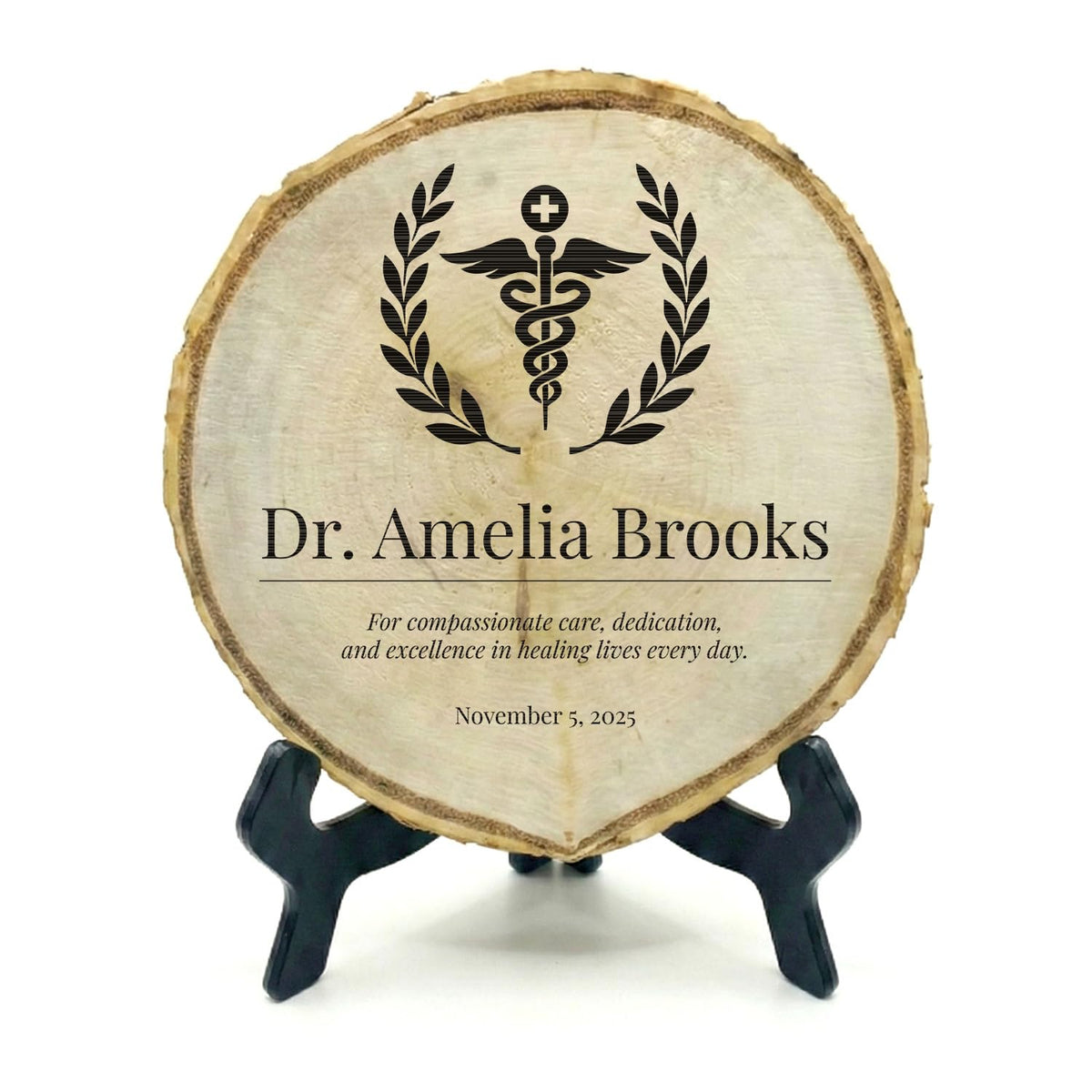 Customizable Rustic Round (Professional Award) Wood Signs – Natural Bark-Edge with a Sleek Black Acrylic Easel – For Counters, Doors & Walls