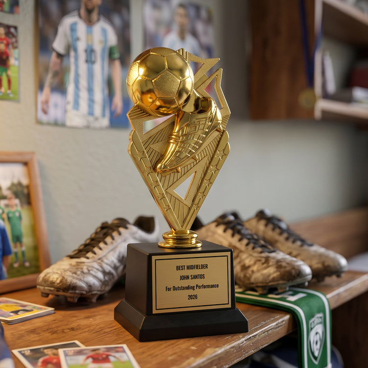 All Quality Soccer Trophy, Custom Engraved Ball & Cleat Figure, Black Base — Personalized Youth Soccer Award, MVP & Most Improved Player Gift