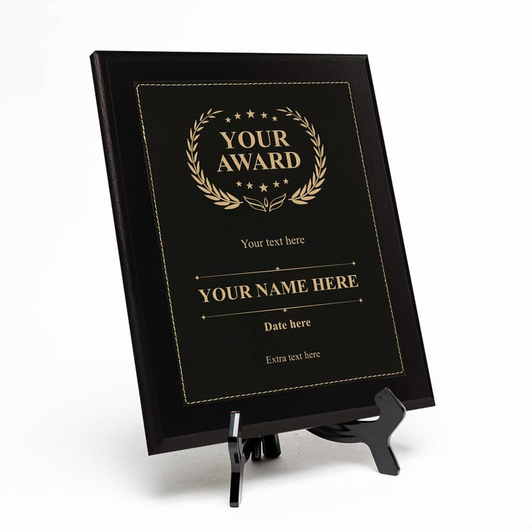 Customizable Leatherette Award Plaque, Black Wood Frame Custom Wall Plaque With Optional Acrylic Easel Stand | Personalized Engraving