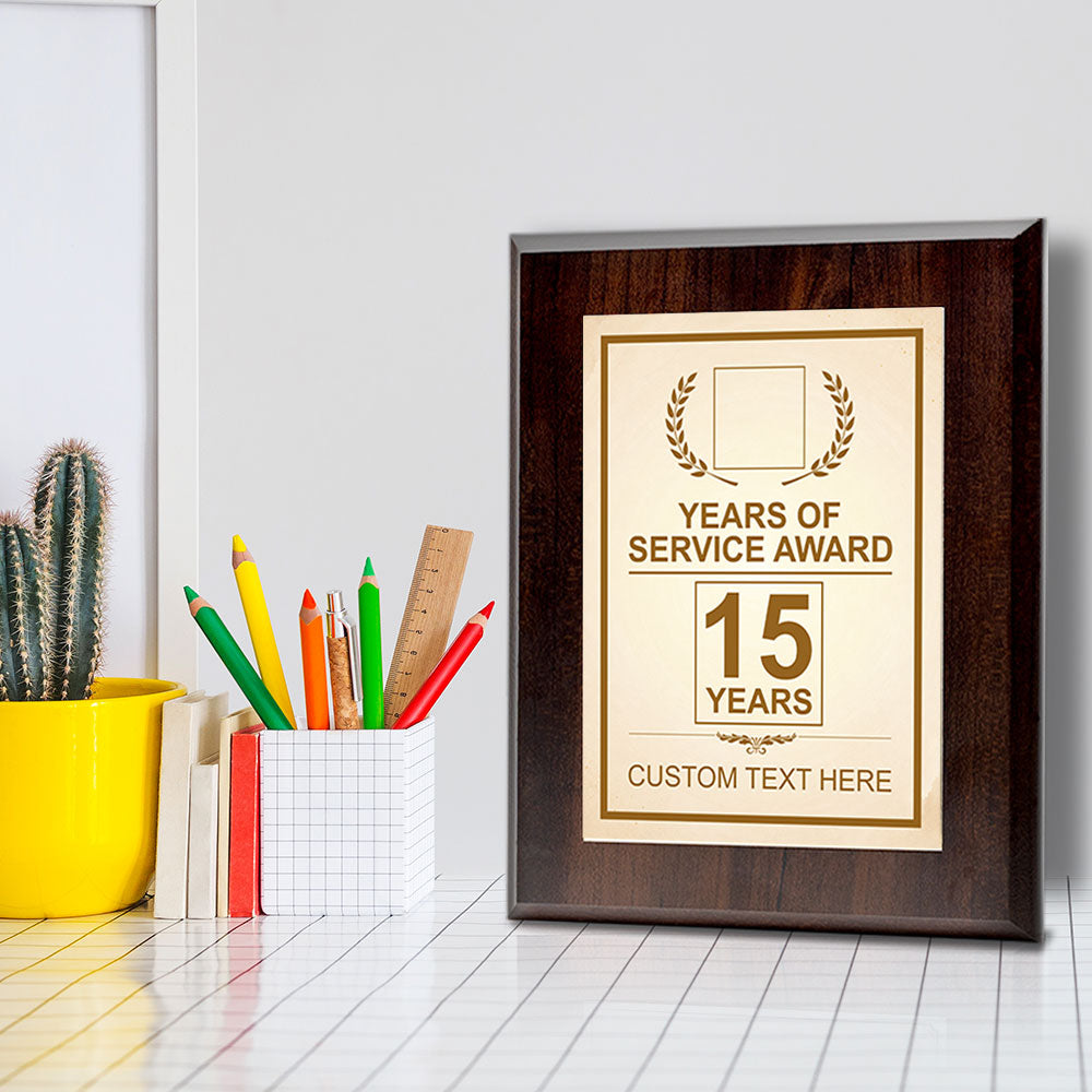 Years of Service Award Plaque — 15 Years Award Personalized (Wooden) Wall Plaque With Easel Acrylic Stand | Workplace Recognition Ceremonies Award Plaques