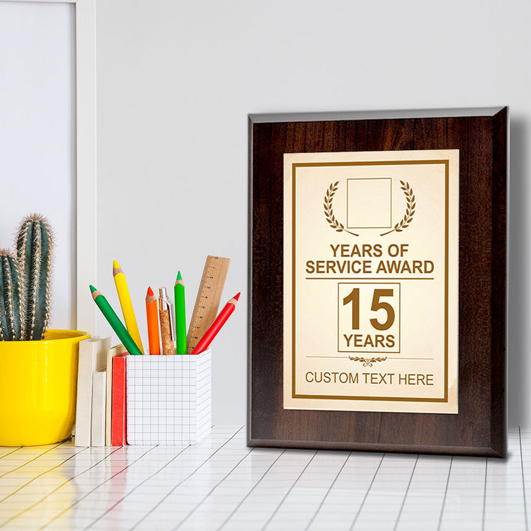 Years of Service Award Plaque — 15 Years Award Personalized (Wooden) Wall Plaque With Easel Acrylic Stand | Workplace Recognition Ceremonies Award Plaques