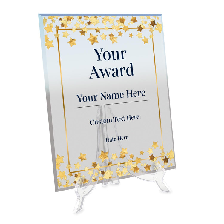 Signs ByLITA Personalized Acrylic Award Plaque with Golden Stars Design – Custom Engraved Clear Desk Award, Recognition Gift, Office Decor (Multiple Sizes)