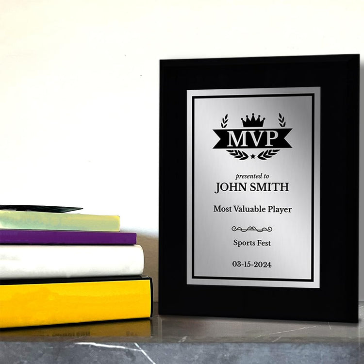 MVP (Most Valuable Player) Customizable Black Frame Award Plaque | Easel Mount Option | Achievement and Recognition Personalizable Plaques