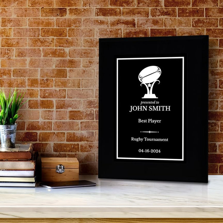 Rugby Customizable Black Frame Wooden Award Plaque | Easel Mount Option | Achievement and Recognition Personalizable Plaques