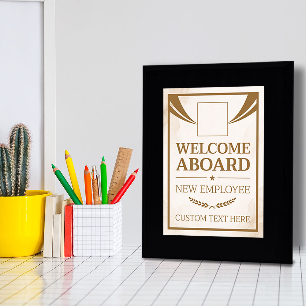 Welcome Aboard — New Employee Award Personalized (Black) Wall Plaque With Easel Acrylic Stand | Workplace Recognition Ceremonies Award Plaques
