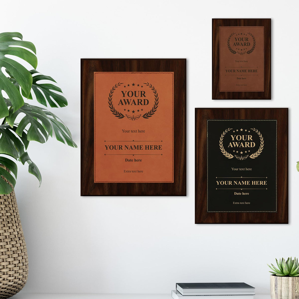 Customizable Leatherette Award Plaque, Wooden Frame Custom Wall Plaque With Optional Acrylic Easel Stand | Personalized Engraving