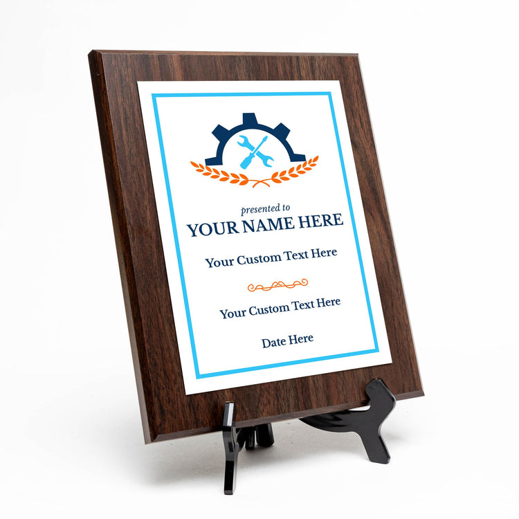 Engineering and Mechanics Theme Customizable Award Plaque | Easel Mount Option | Recognition of Achievement and Service Personalizable Plaques