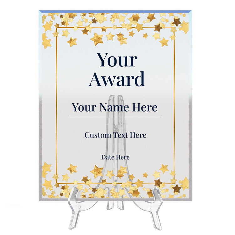 Signs ByLITA Personalized Acrylic Award Plaque with Golden Stars Design – Custom Engraved Clear Desk Award, Recognition Gift, Office Decor (Multiple Sizes)