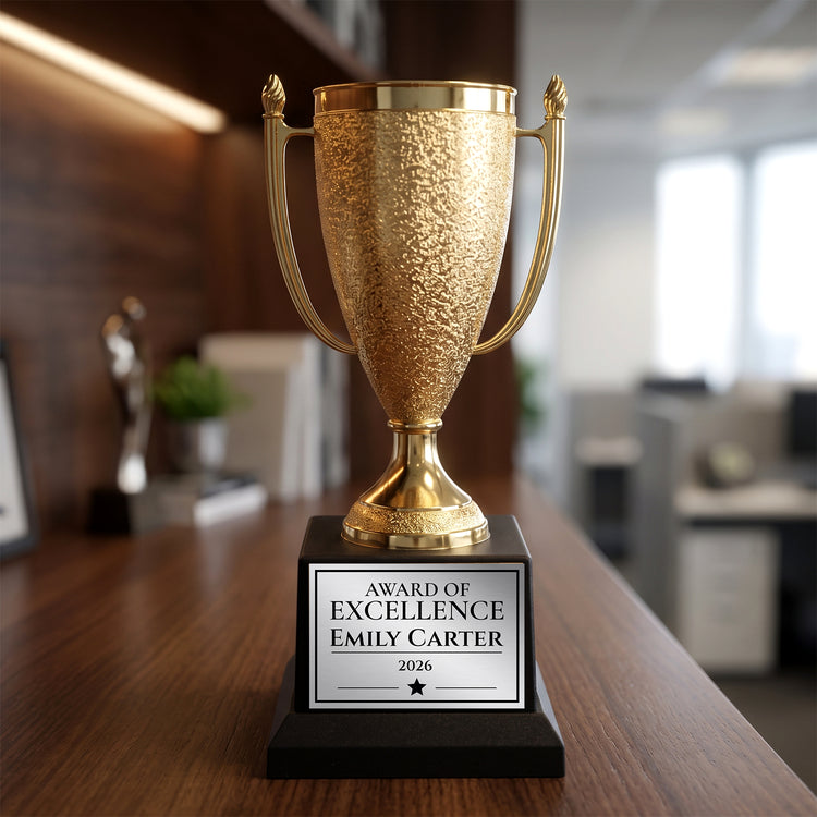 All Quality Award of Excellence Cup Trophy, Custom Engraved Gold Cup — Personalized Award of Excellence for Employees, Students & Teams