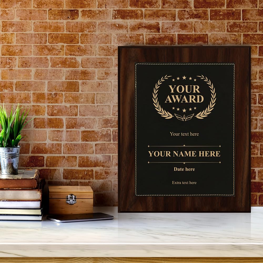Customizable Leatherette Award Plaque, Wooden Frame Custom Wall Plaque With Optional Acrylic Easel Stand | Personalized Engraving