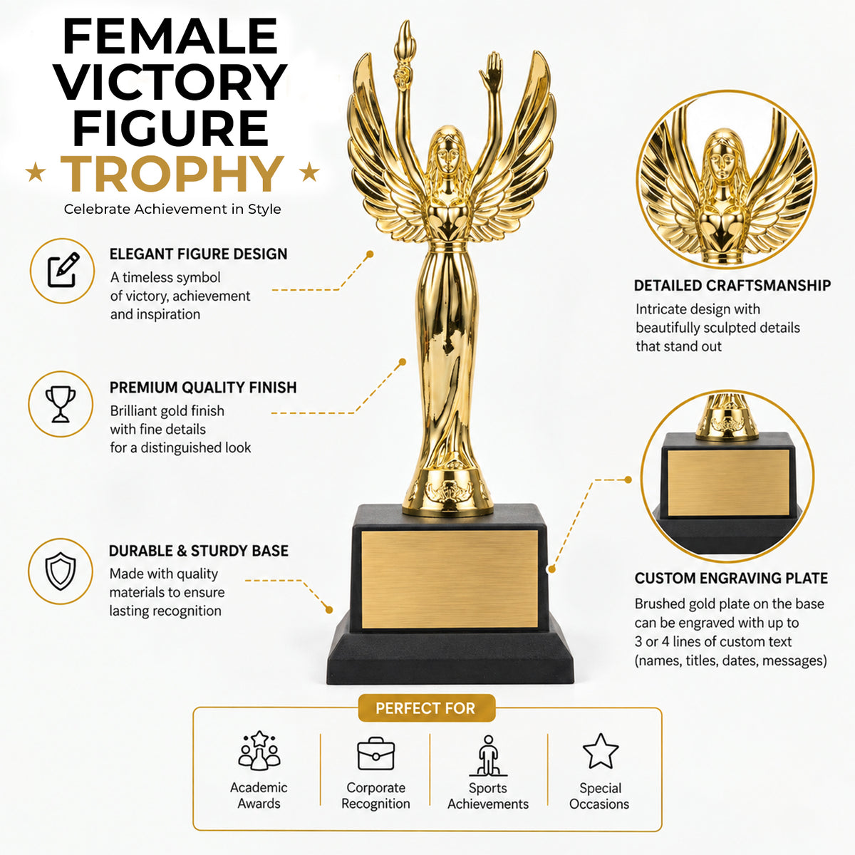 All Quality Employee of the Month Trophy, Winged Victory Figure, Custom Engraved — Personalized Monthly Workplace Recognition Award