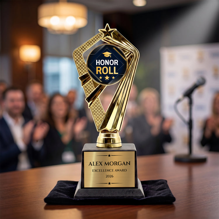All Quality Honor Roll Trophy, Custom Engraved Star Award, Black Base — Personalized Academic Achievement Award for Students
