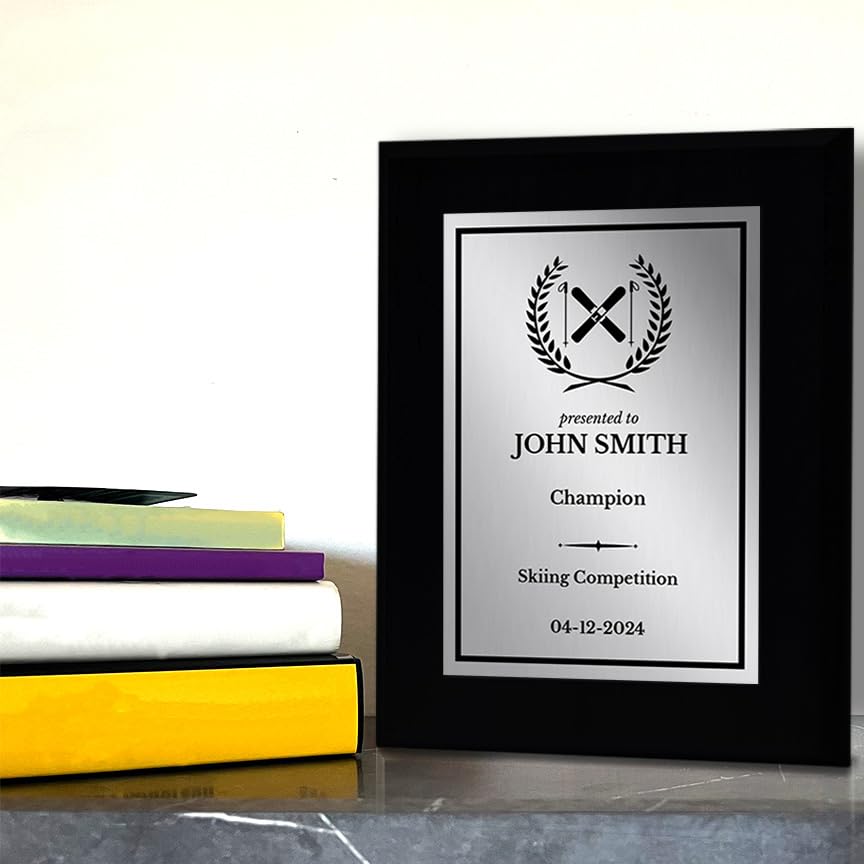 Skiing Customizable Black Frame Wooden Award Plaque | Easel Mount Option | Achievement and Recognition Personalizable Plaques