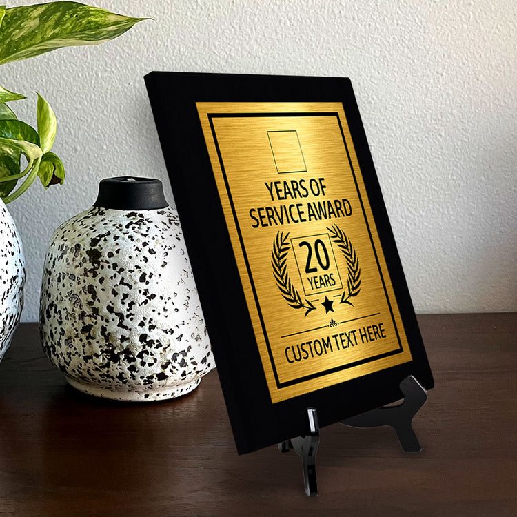 Years of Service Award Plaque — 20 Years Award Personalized (Black) Wall Plaque With Easel Acrylic Stand | Workplace Recognition Ceremonies Award Plaques