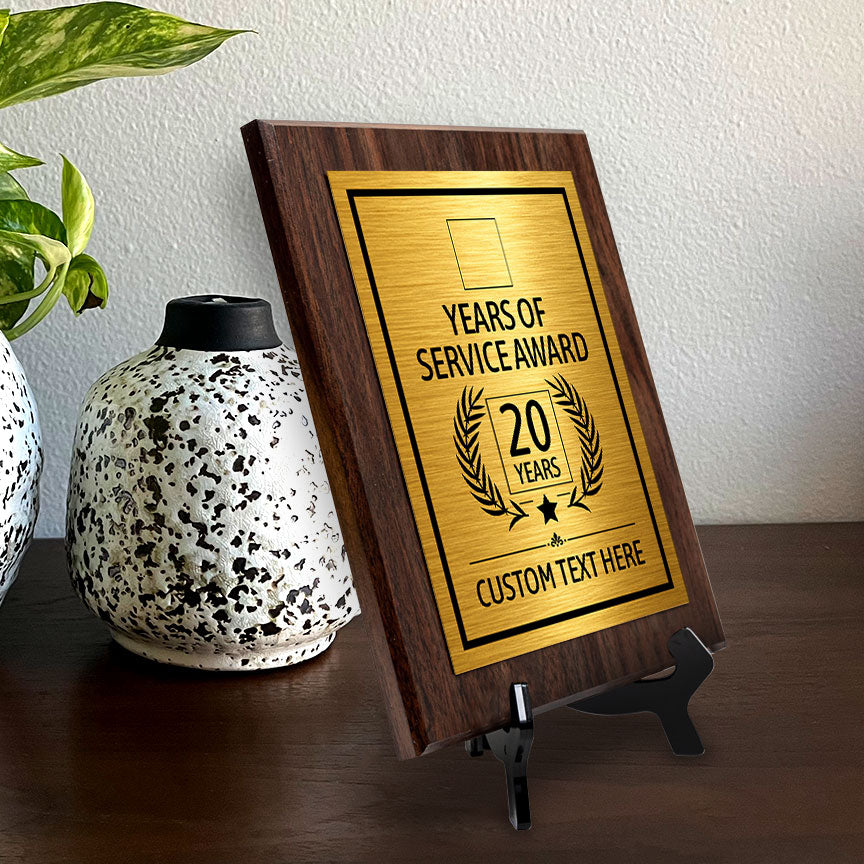 Years of Service Award Plaque — 20 Years Award Personalized (Wooden) Wall Plaque With Easel Acrylic Stand | Workplace Recognition Ceremonies Award Plaques