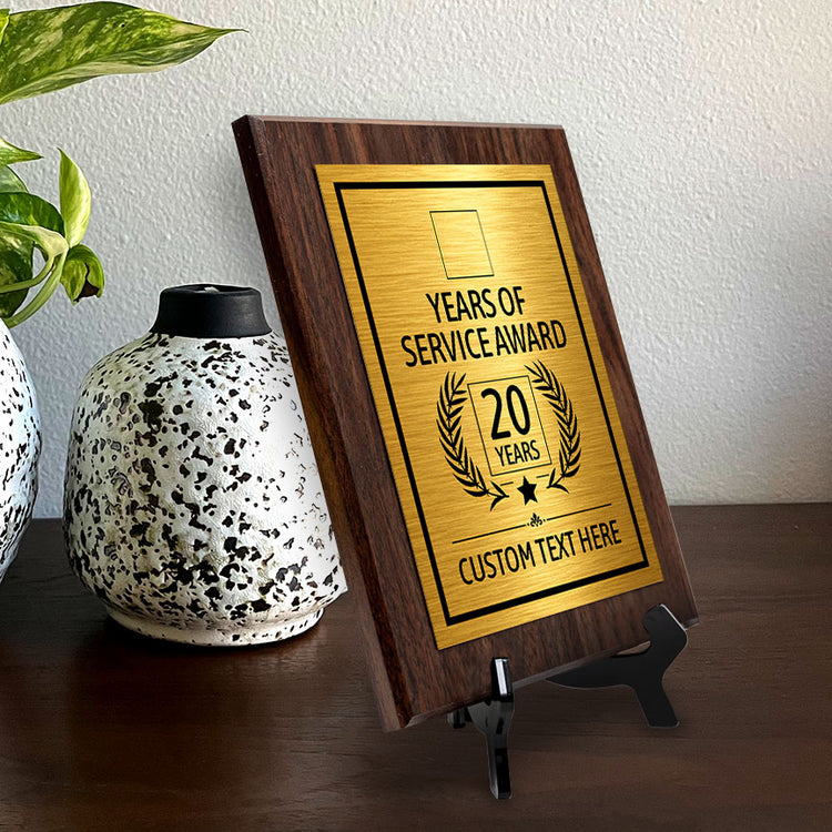 Years of Service Award Plaque — 20 Years Award Personalized (Wooden) Wall Plaque With Easel Acrylic Stand | Workplace Recognition Ceremonies Award Plaques