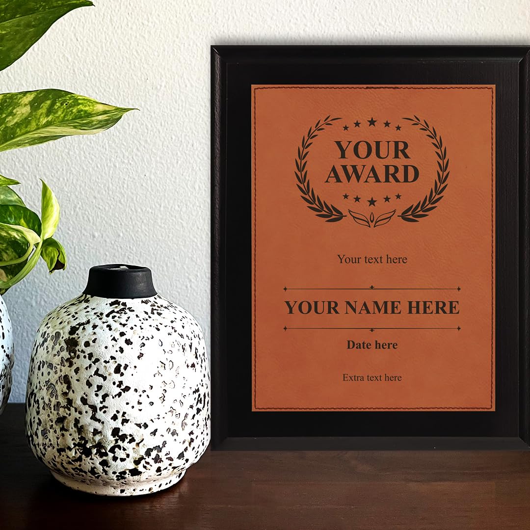 Customizable Leatherette Award Plaque, Black Wood Frame Custom Wall Plaque With Optional Acrylic Easel Stand | Personalized Engraving