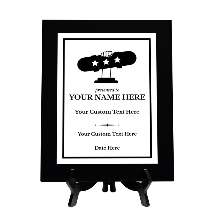 Skateboarding Customizable Black Frame Wooden Award Plaque | Easel Mount Option | Achievement and Recognition Personalizable Plaques