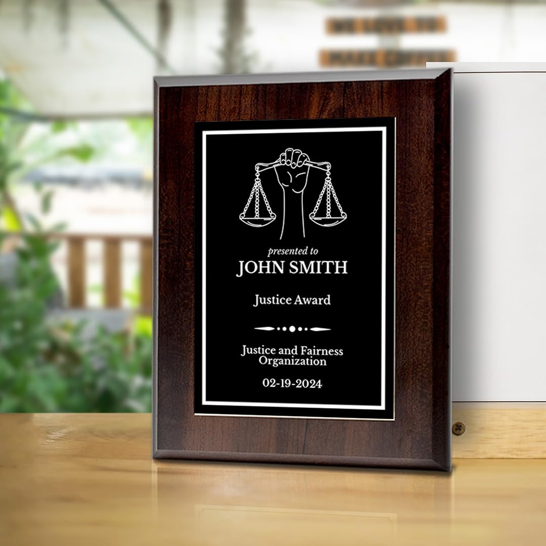 Legal and Justice Theme Custom Award Plaque | Easel Mount Option | Achievement and Service Personalizable Plaques