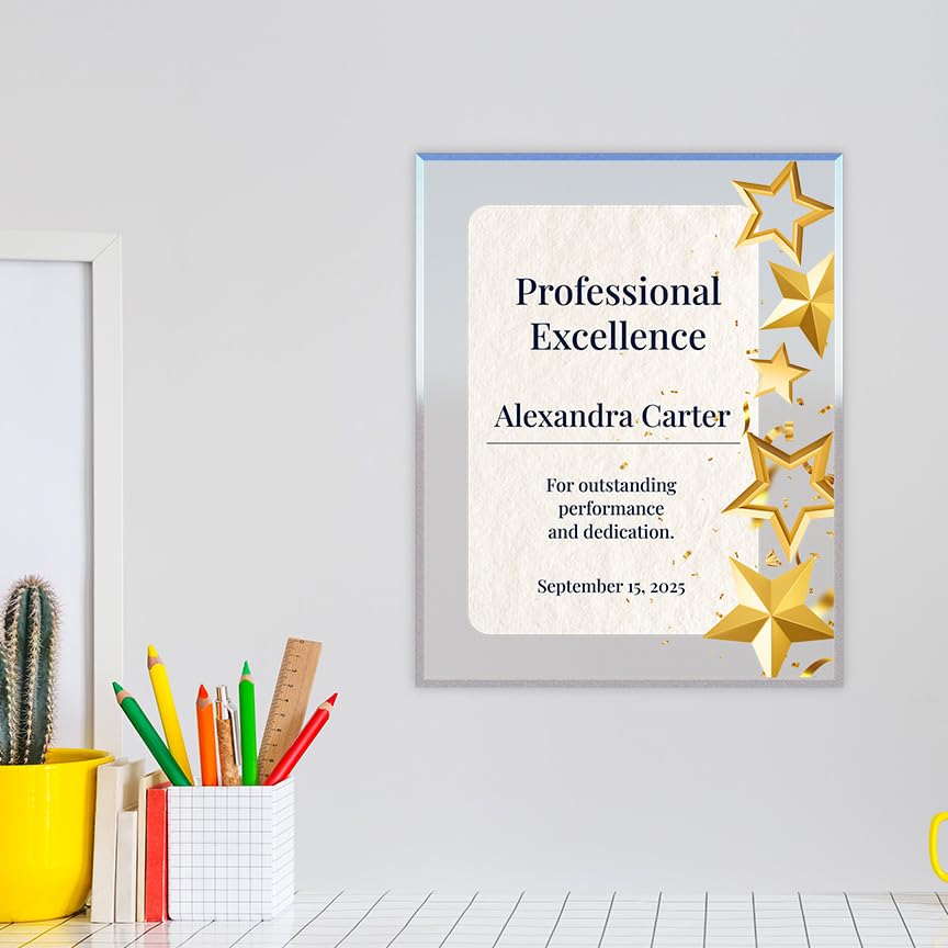 SignsByLITA Personalized Acrylic Award Plaque with Star Design – Custom Engraved Clear Desk Award, Recognition Gift, Office Decor (Multiple Sizes)