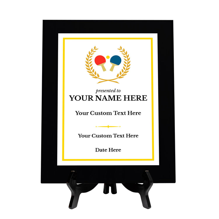 Table Tennis Customizable Black Frame Wooden Award Plaque | Easel Mount Option | Achievement and Recognition Personalizable Plaques | Sports Award