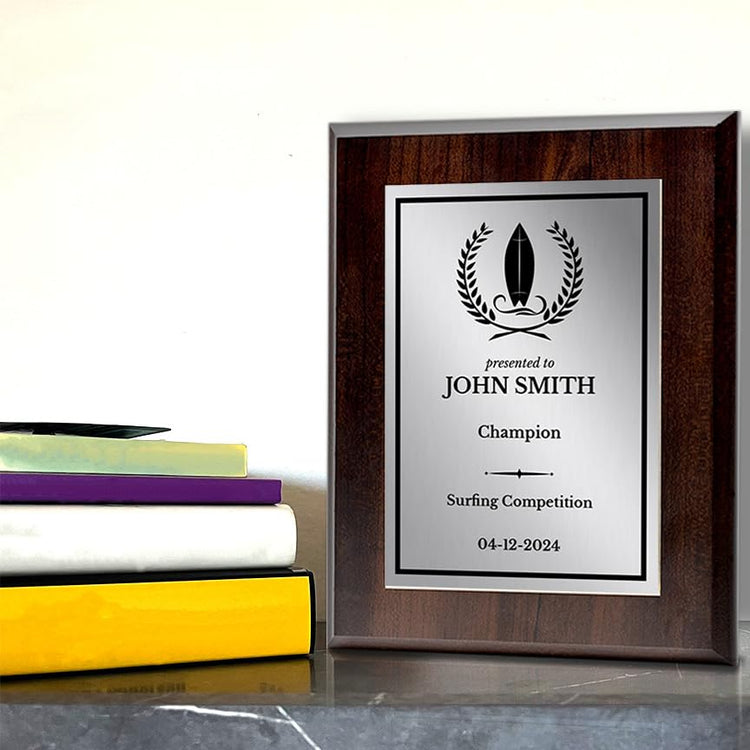 Surfing Customizable Wooden Award Plaque | Easel Mount Option | Achievement and Recognition Personalizable Plaques