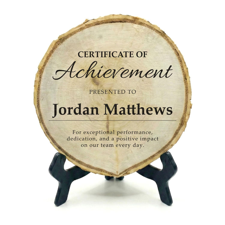 Customizable Rustic Round (Award Themed) Wood Signs – Natural Bark-Edge with a Sleek Black Acrylic Easel – For Counters, Doors & Walls