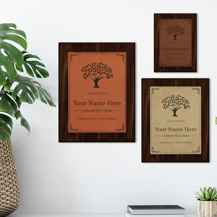 Tree Design Award Theme, Wooden Frame Customizable Leatherette Award Plaque | Easel Mount Option | Recognition of Achievement and Service Personalizable Plaques