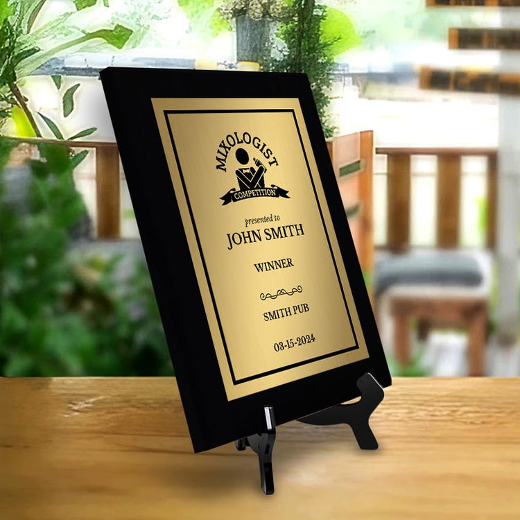 Mixologist Competition Customizable Black Frame Award Plaque | Easel Mount Option | Achievement and Recognition Personalizable Plaques