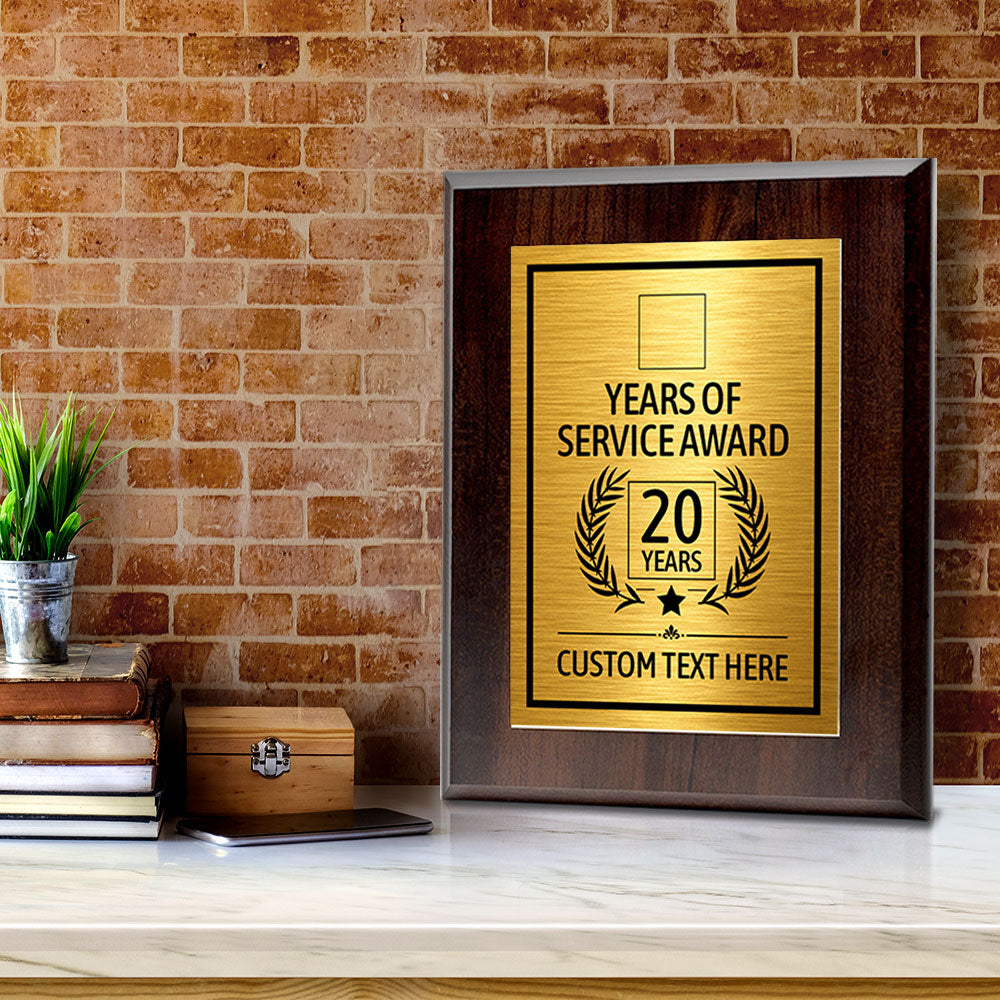 Years of Service Award Plaque — 20 Years Award Personalized (Wooden) Wall Plaque With Easel Acrylic Stand | Workplace Recognition Ceremonies Award Plaques