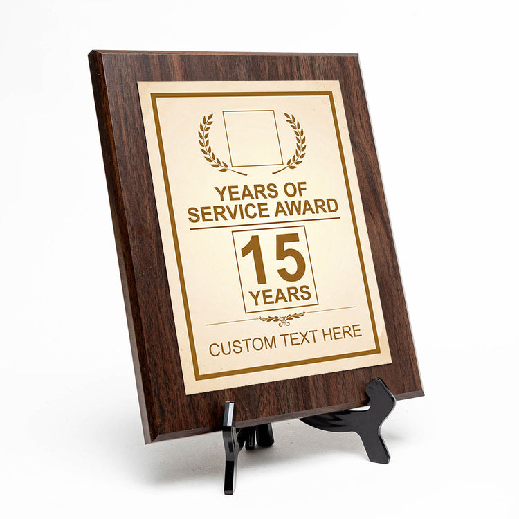 Years of Service Award Plaque — 15 Years Award Personalized (Wooden) Wall Plaque With Easel Acrylic Stand | Workplace Recognition Ceremonies Award Plaques