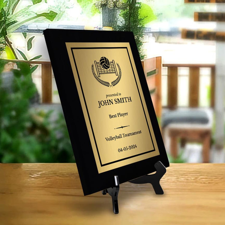 Volleyball Customizable Black Frame Wooden Award Plaque | Easel Mount Option | Achievement and Recognition Personalizable Plaques