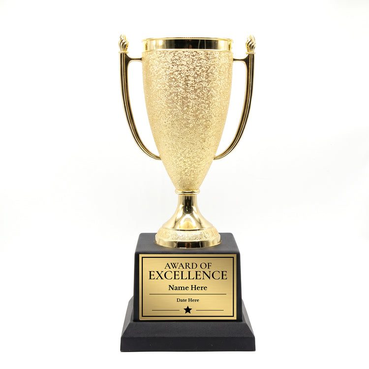 All Quality Award of Excellence Cup Trophy, Custom Engraved Gold Cup — Personalized Award of Excellence for Employees, Students & Teams