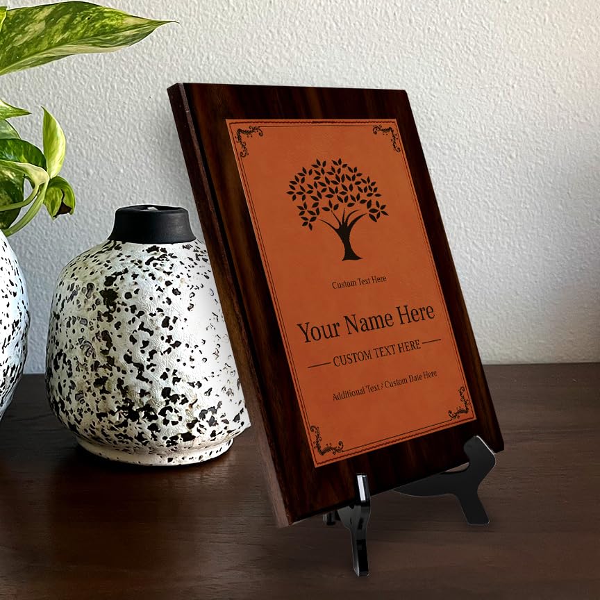 Tree Design Award Theme, Wooden Frame Customizable Leatherette Award Plaque | Easel Mount Option | Recognition of Achievement and Service Personalizable Plaques