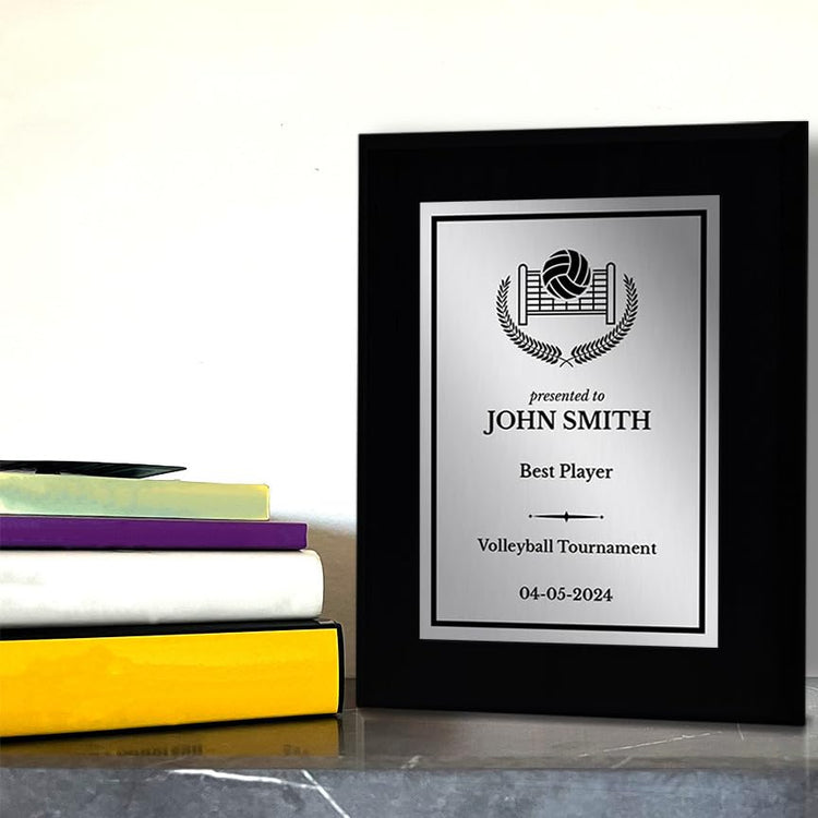 Volleyball Customizable Black Frame Wooden Award Plaque | Easel Mount Option | Achievement and Recognition Personalizable Plaques