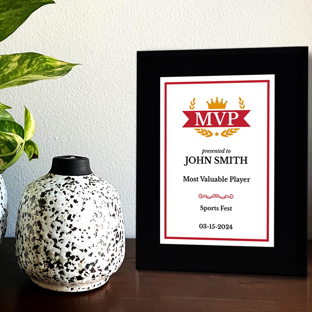 MVP (Most Valuable Player) Customizable Black Frame Award Plaque | Easel Mount Option | Achievement and Recognition Personalizable Plaques