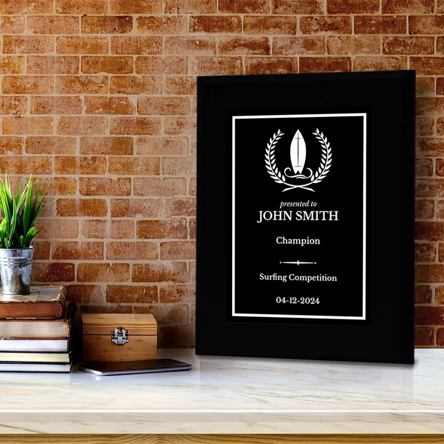 Surfing Customizable Black Frame Wooden Award Plaque | Easel Mount Option | Achievement and Recognition Personalizable Plaques