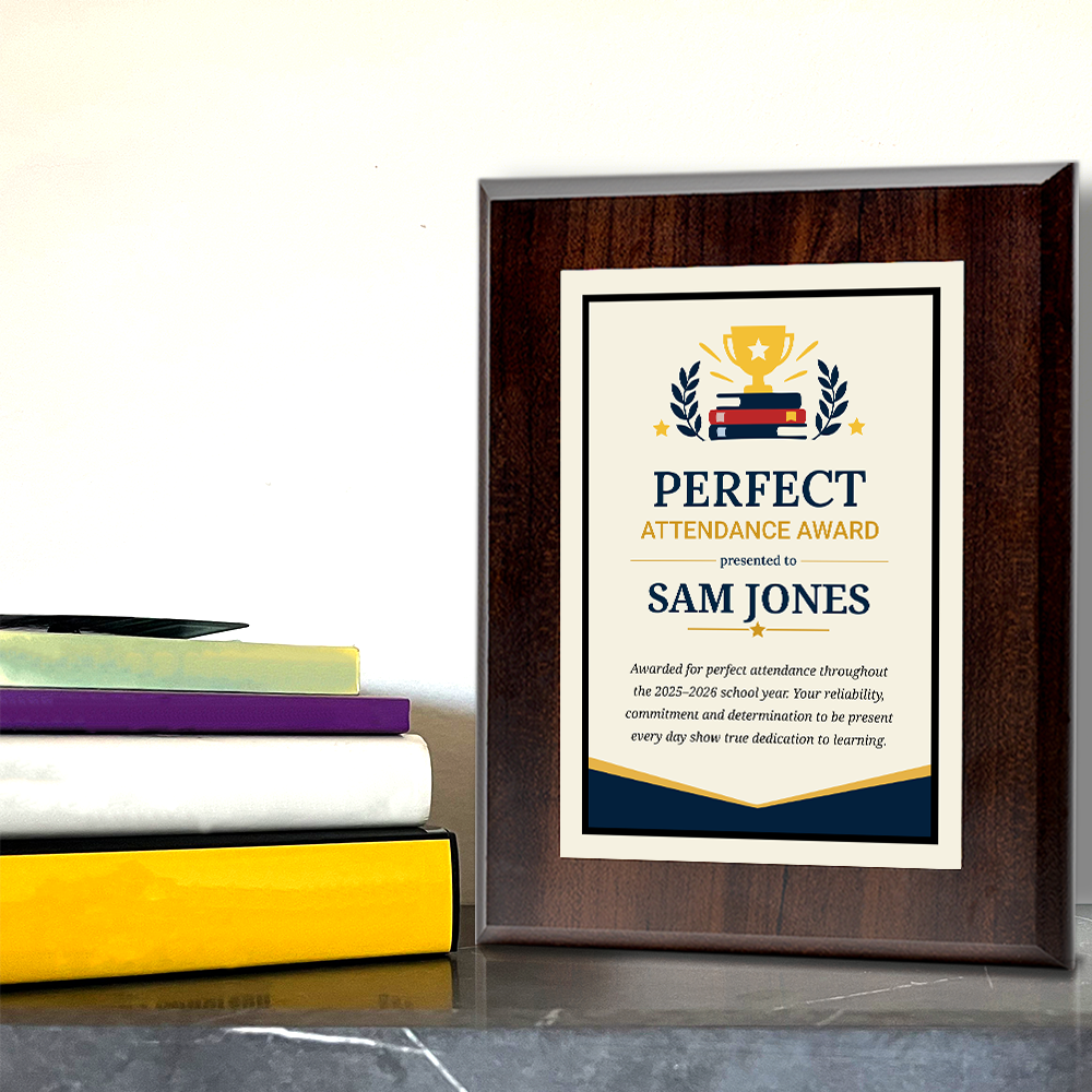 Perfect Attendance Award' Personalized Wall Plaque With Easel Acrylic Stand | Education Recognition School Award Plaques