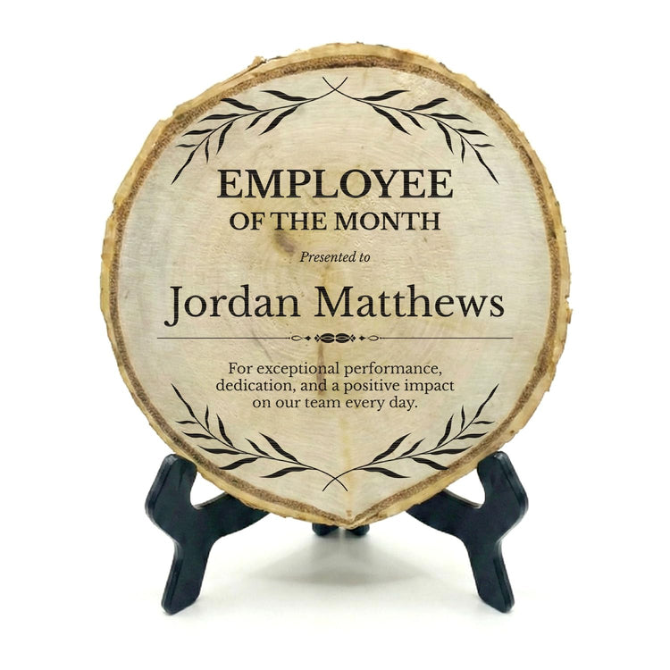 Customizable Rustic Round (Award Themed) Wood Signs – Natural Bark-Edge with a Sleek Black Acrylic Easel – For Counters, Doors & Walls
