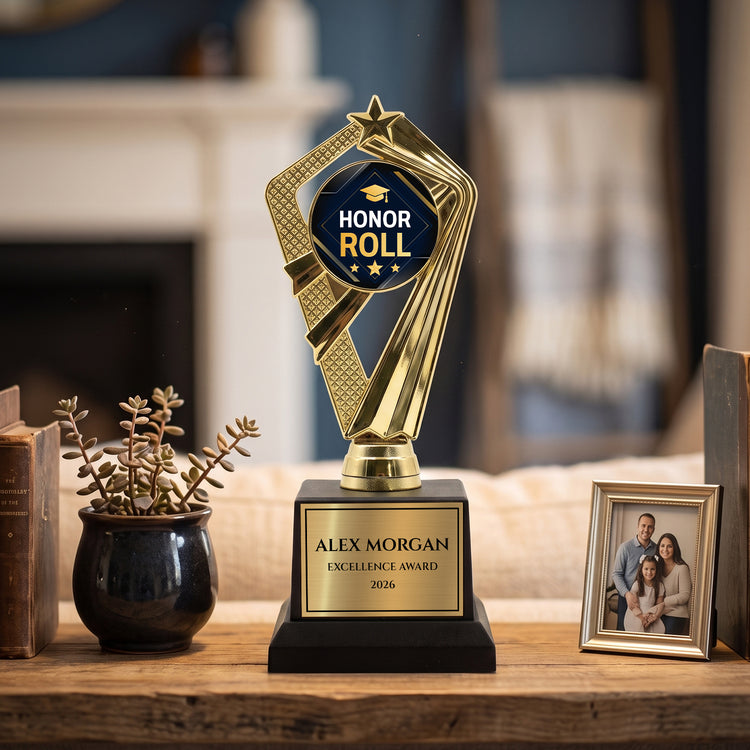 All Quality Honor Roll Trophy, Custom Engraved Star Award, Black Base — Personalized Academic Achievement Award for Students