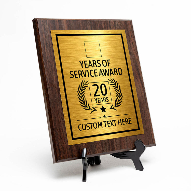 Years of Service Award Plaque — 20 Years Award Personalized (Wooden) Wall Plaque With Easel Acrylic Stand | Workplace Recognition Ceremonies Award Plaques