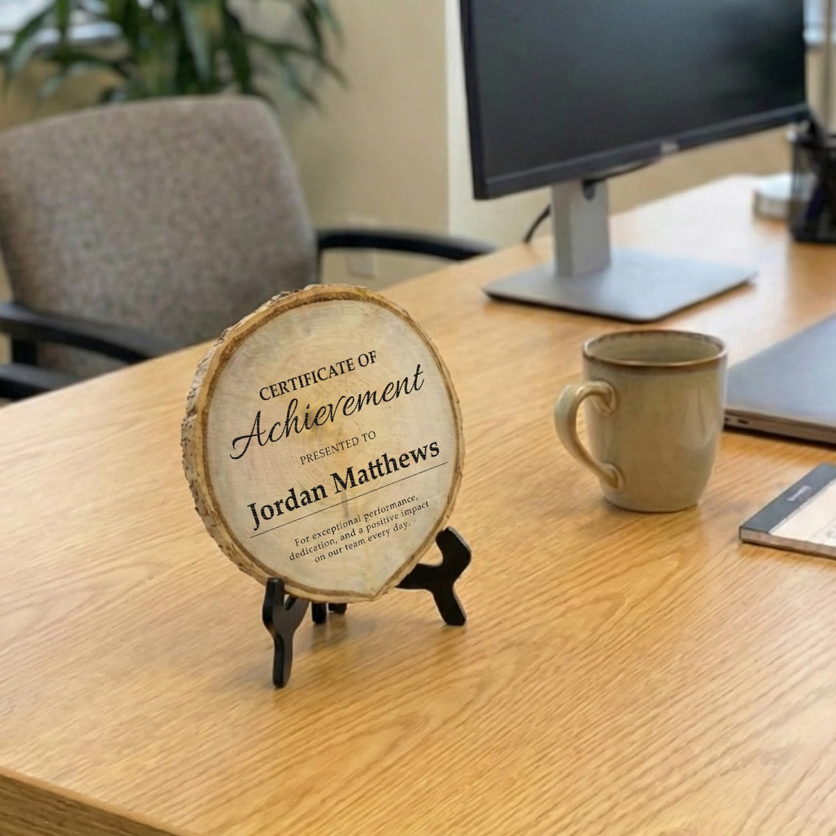 Customizable Rustic Round (Award Themed) Wood Signs – Natural Bark-Edge with a Sleek Black Acrylic Easel – For Counters, Doors & Walls